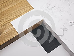 Minimalistic mockup with business cards on wood and warble texture.Creative mockup set.