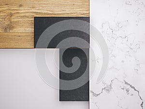 Minimalistic mockup with business cards on wood and warble texture.Creative mockup set. photo