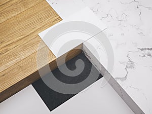 Minimalistic mockup with business cards on wood and warble texture.Creative mockup set. photo