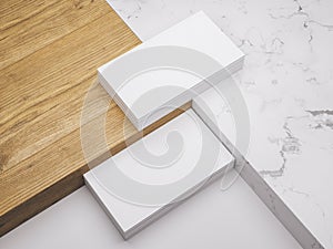 Minimalistic mockup with business cards on wood and warble texture.Creative mockup set. photo