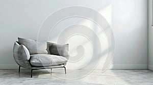 Minimalistic modern armchair in a bright white room with sunlight patterns. Simple, elegant furniture design. Ideal for