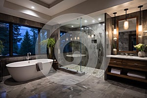 A minimalistic modern bathroom with standalone bathtub and shower, long sink and ficus plant