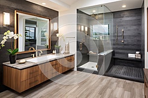 A minimalistic modern bathroom with standalone bathtub and shower, long sink and ficus plant