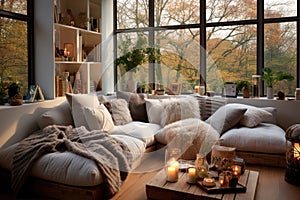 Minimalistic modern interior of the living room with a large cozy light sofa with pillows and a coffee table by the window