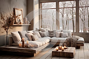 Minimalistic modern interior of the living room with a large cozy light sofa with pillows and a coffee table by the window