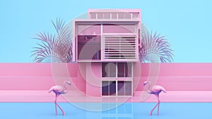 minimalistic modern private house exterior in pink with flamingos