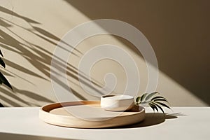 Minimalistic Modern Wooden Round Tray Podiums on White Surface. Generative AI