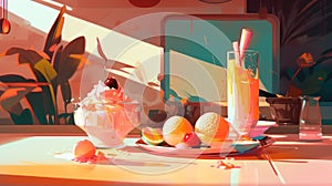 Minimalistic Neon Sundae Dessert Still-life With Art Painting By Atey Ghailan, James Gilleard, And Greg Tocchini
