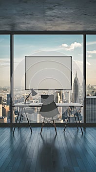Minimalistic office with blank banner and city view, clean design and minimalistic decor