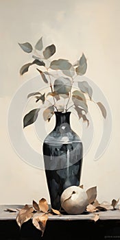 Minimalistic Oil Painting Of Vase With Leaf Motif By Kathrin Longhurst