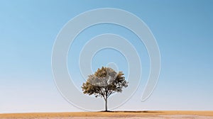 Minimalistic Outdoor Scene Featuring a Solitary Tree Against a Clear Blue Sky. Generative ai