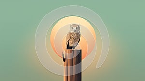 Minimalistic Owl Illustration At Sunset On Stump