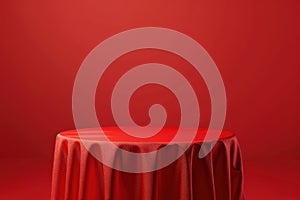 Minimalistic red circular table with draped cloth against matching background photo