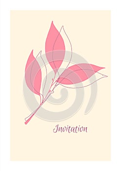 Minimalistic pink invitation. Ð¡ard with leaf print