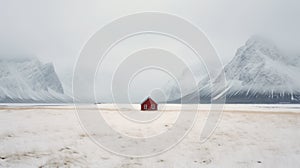 Minimalistic Red House In Snowy Tundra - A Captivating Photo By Akos Major