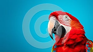 Minimalistic Red Parrot Portrait On Blue Background