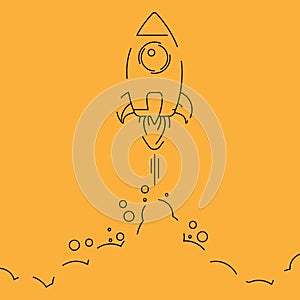 Minimalistic rocket launch line icon. Rocket illustration with clouds, space and launch fire, line art.