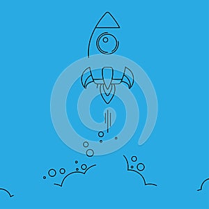 Minimalistic rocket launch line icon. Rocket illustration with clouds, space and launch fire, line art.