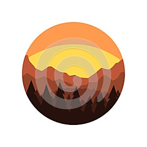 Minimalistic round icon with silhouette of pine forest, mountain ridge and beautiful evening sky. Natural scenery with