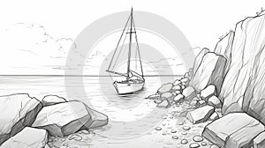 Minimalistic Sail Boat Sketch On Stone: 2d Game Art