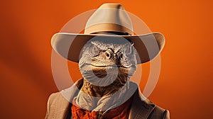 Minimalistic Sci-fi Portrait Komodo Dragon In Cowboy Hat photo