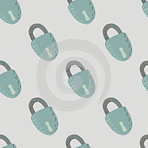 Minimalistic seamless pattern with doodle vintage lock print. Stylized old artwork with blue pale door elements and grey