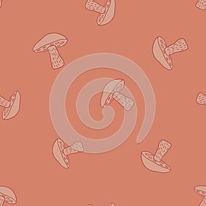 Minimalistic seamless pattern with random Leccinum scabrum mushroom ornament. Pink background