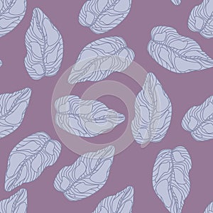 Minimalistic seamless random pattern with blue pastel leaf ornament. Purple background