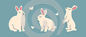 Minimalistic set with hand-drawn white Rabbits. Doodle Bunny for decorating holiday cards and banners. Happy Easter simple cute