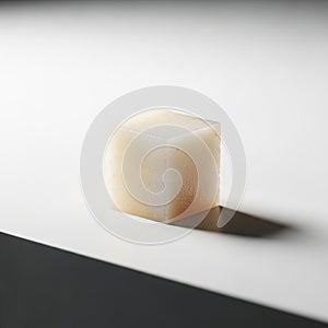 The minimalistic setting emphasizes the cube's geometric form