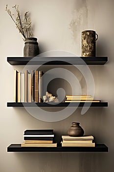 Minimalistic shelves on the wall with old books and retro dÃ©cor home vintage Interior Design