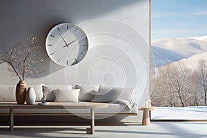 Minimalistic simple wall clock in modern living room. Snow covered landscape outside. Transition to winter time