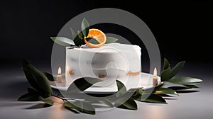 Minimalistic single tier wedding cake with white icing and sliced orange and eucalyptus decoration. Close up, background, top view