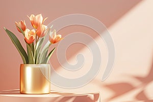 Minimalistic still life with tulips in golden vase, celebrating the beauty of spring