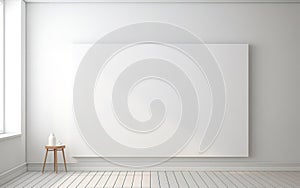Minimalistic style art studio space mockup. Huge white framed blank art canvas on large wall in minimal room. Soft day light.