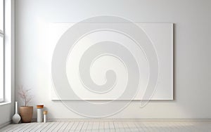 Minimalistic style art studio space mockup. Huge white framed blank art canvas on large wall in minimal room. Soft day light. AI