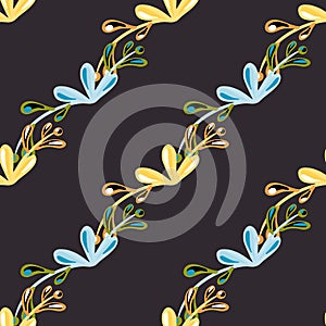 Minimalistic style botany seamless pattern with blue and orange colored floral branches. Dark background