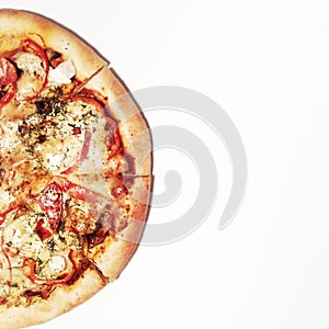 Minimalistic style. Flat lay photograph of tasty italian pizza