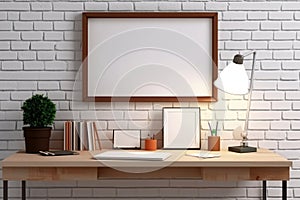 Minimalistic style interior design of working area, white brick wall, picture frame