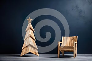 Minimalistic style Wooden Christmas tree, armchair, interior decor on navi empty wall background, Zero waste Decor