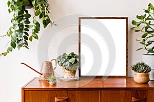 Minimalistic and stylish mock up poster frame concept with retro furnitures, hanging plant, watercan, decoration. photo