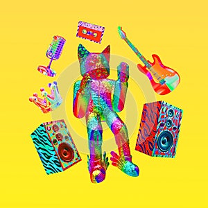 Minimalistic stylized collage art. 3d funny characters Kitty Rock Stars. Dj, music, party concept