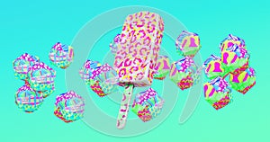 Minimalistic stylized collage banner art. 3d render creative ice cream design. Party, candy shop, sweet food concept