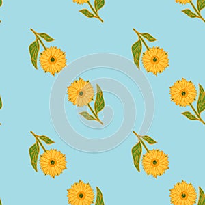 Minimalistic summer seamless pattern with bright yellow sunflowers shapes. Blue pastel background