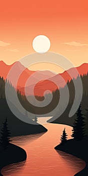 Minimalistic Sunset Mountain Landscape Illustration For Mobile Wallpaper