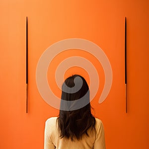 Minimalistic Symmetry: An Asian Woman\'s Exploration Of Objects In An Orange Wall