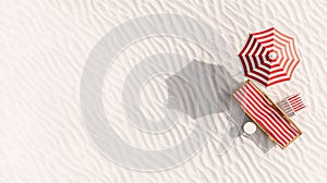 minimalistic top view of clean beach sand with ideal tourist spot for sunbathing. A striped red and white sun lounger and a sun