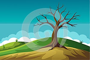 Dead tree on the hill vector art illustration