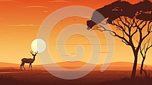 Minimalistic Vector Art Of Sunset Safari Landscape With Deer And Tree