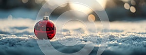 Empty Christmas Bauble on Snowy Winter Background with Copy Space